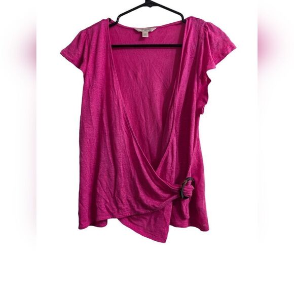 Banana Republic 100% linen lightweight magenta pink top with tortoise detail S - Picture 2 of 9